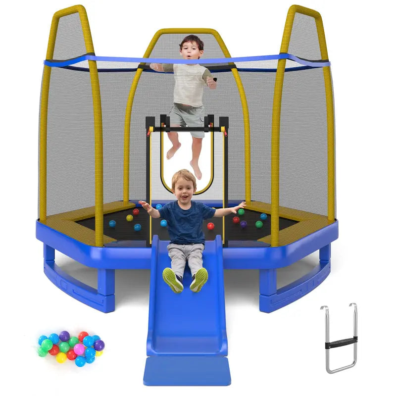 Kids' Trampoline with Integrated Slide, 7-Foot ASTM-Certified Backyard Play Set