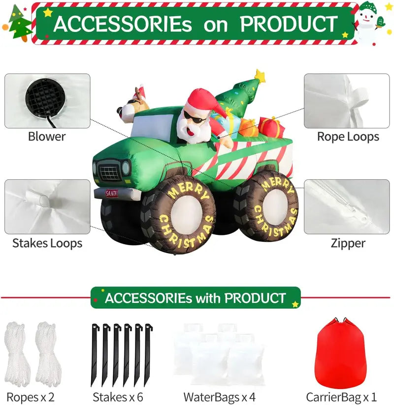DomKom 8FT Christmas Inflatable Santa & Reindeer Monster Truck with LED Lights – Outdoor Holiday Yard Decoration