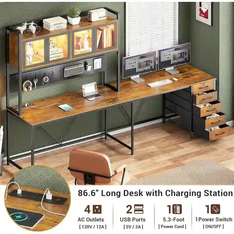 L-Shaped Gaming Desk with Pegboard Wall System, Five-Drawer Organizer, and Shelf Storage