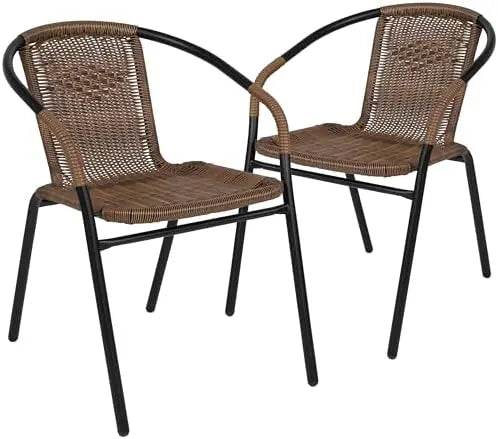 EMMA + OLIVER Brown Rattan Dining Chair | 2 Pack | Indoor-Outdoor | Stackable | Medium