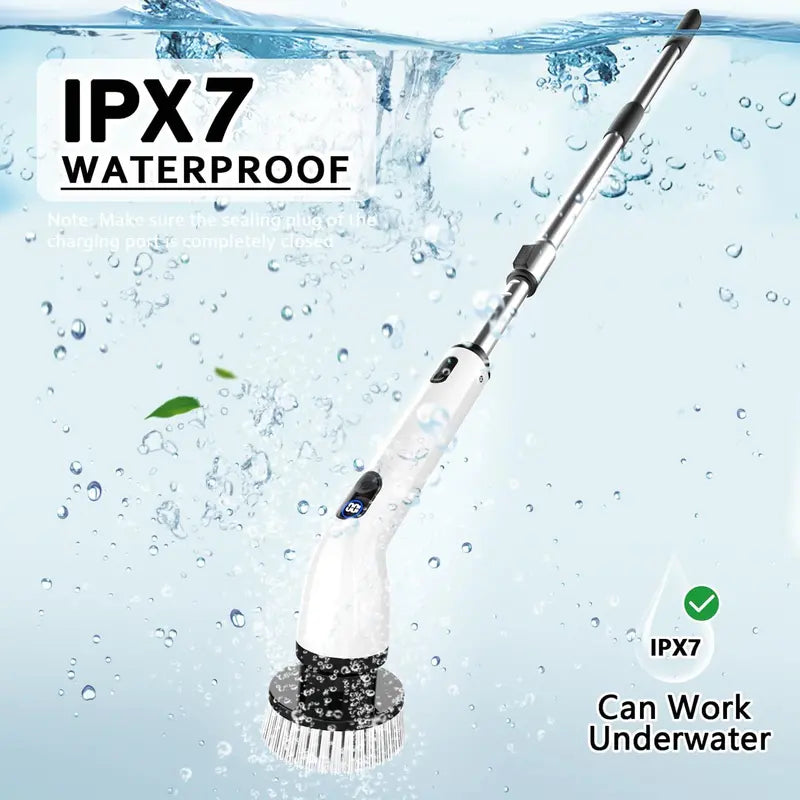 Cordless Electric Spin Scrubber – IPX7 Waterproof, LCD Display, Adjustable Handle & Multi-Surface Cleaning Brush