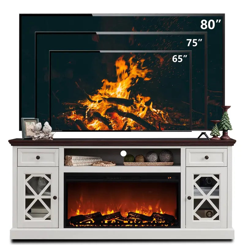 SinCiDo Farmhouse TV Stand with Built-in Electric Fireplace – 36″ Flame, Supports 80″ TVs, White