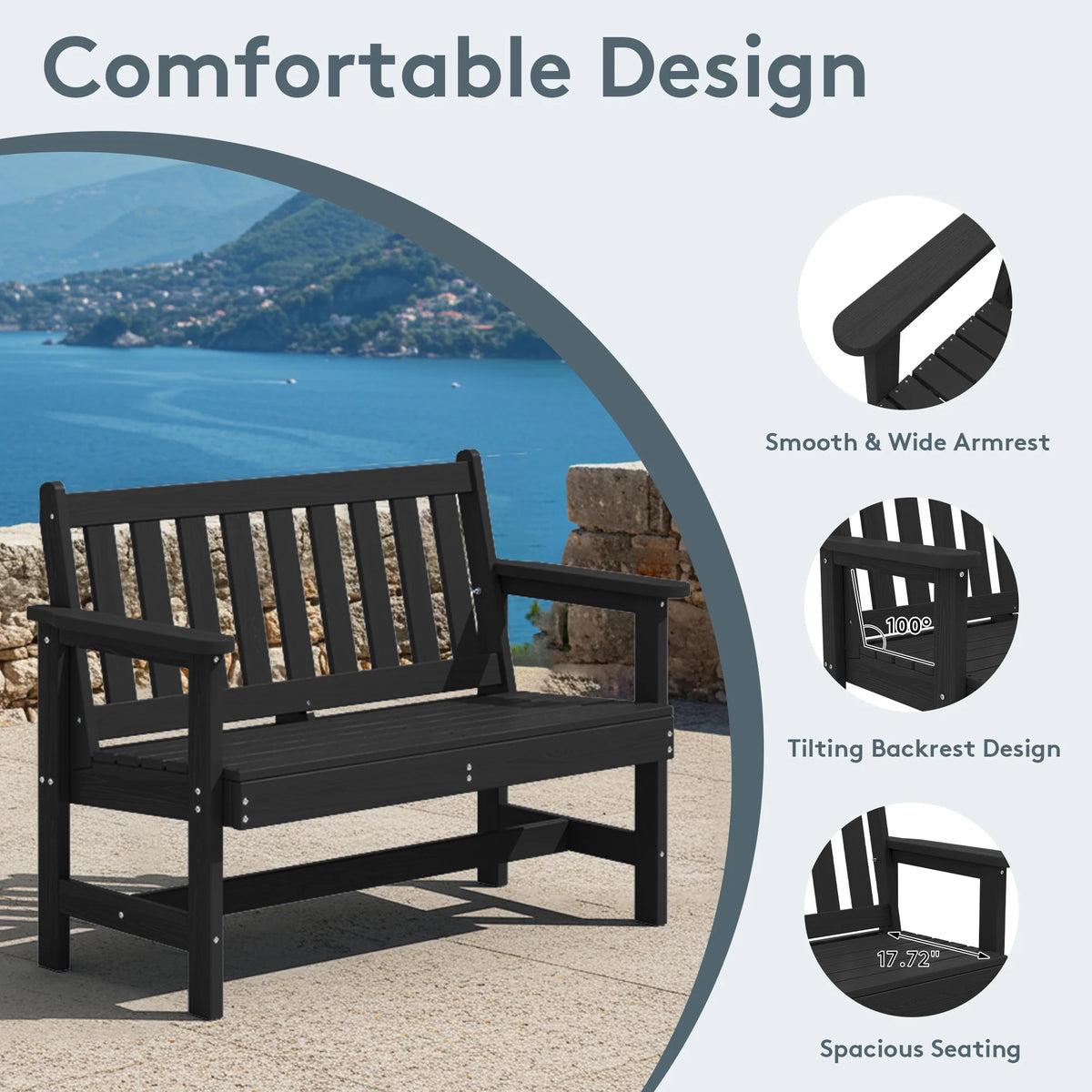 SERWALL Outdoor Bench for 2 - Person, Weather - Resistant HDPE with Aluminum Reinforcement, Supports 660 lb, Comfortable Seating for Patio, Garden, and Porch, Black