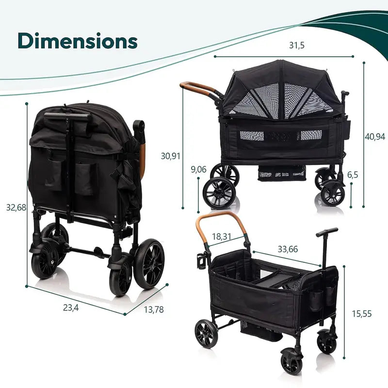 Lightweight Foldable Double Wagon Stroller – Push-Pull Travel Stroller for Newborns & Toddlers, 5-Point Safety Harness, Canopy, Tray Table & Cup Holder