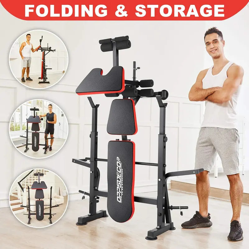 OPPSDECOR 6-in-1 Adjustable Weight Bench & Squat Rack Combo Set
