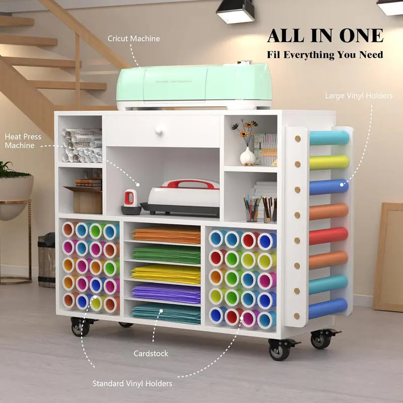 Rolling Craft Storage Cart for Cricut Machines – Mobile Workstation with Large Drawer, 48-Spool Vinyl Holder & Tabletop Surface