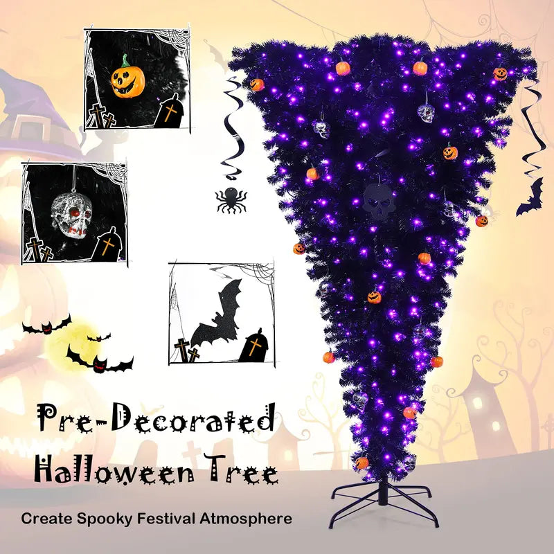 Inverted Black Halloween Christmas Tree – Pre-Lit Upside-Down Artificial Pine with Hinged Design