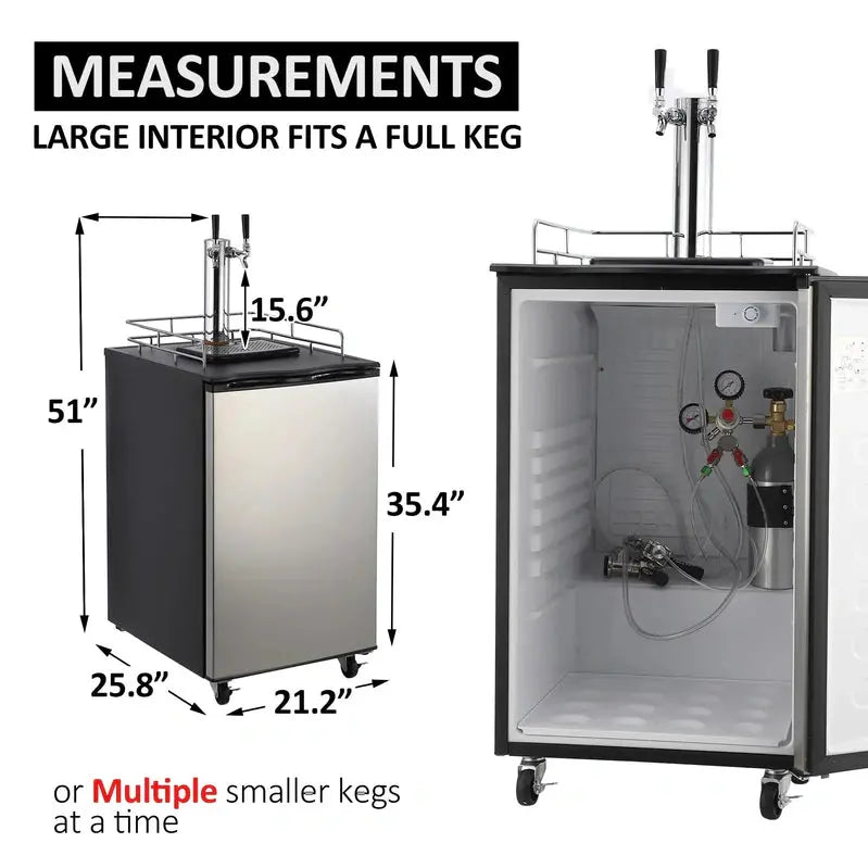 Dual-Tap Stainless Steel Beer Kegerator: Full-Size Draft Dispenser with CO2 Tank & Adjustable Temp (32°F–50°F)