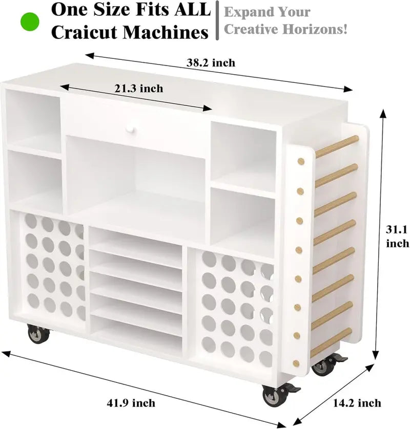 Rolling Craft Storage Cart for Cricut Machines – Mobile Workstation with Large Drawer, 48-Spool Vinyl Holder & Tabletop Surface