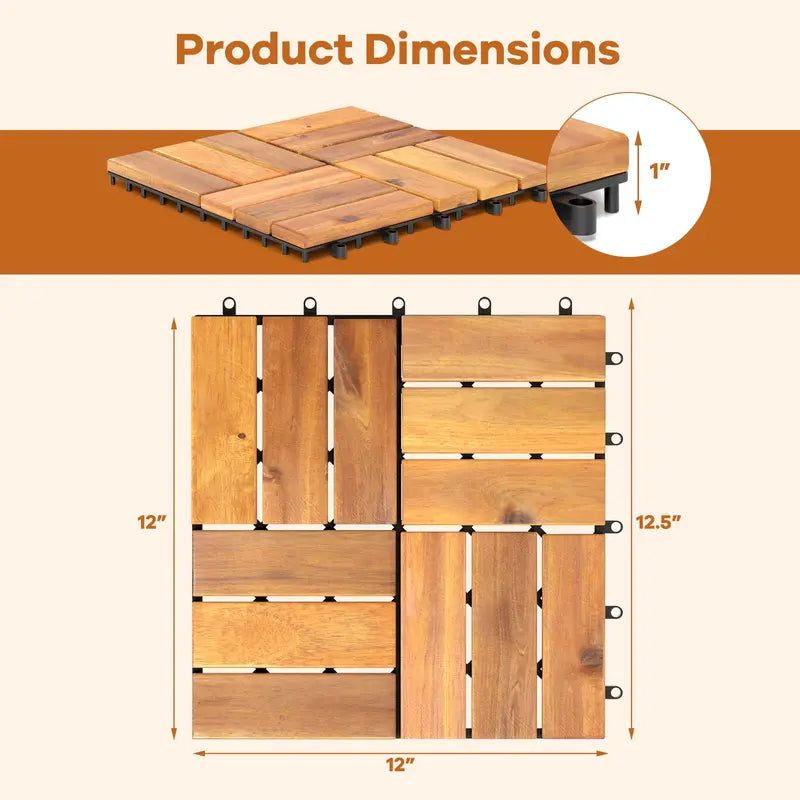 Interlocking Acacia Wood Decking Tiles — 27-Pack, 12″×12″ per Tile