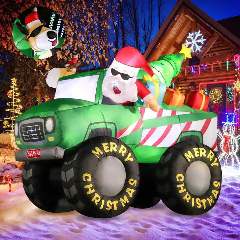 DomKom 8FT Christmas Inflatable Santa & Reindeer Monster Truck with LED Lights – Outdoor Holiday Yard Decoration