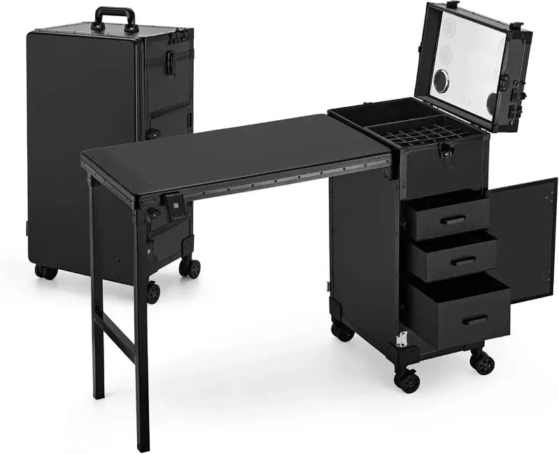 Rolling Manicure Station – LED Mirror, Built-in Bluetooth Speaker, Secure TSA Lock, and Storage Drawers