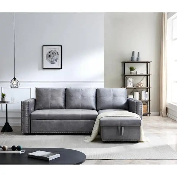 Reversible Gray Velvet L-Shaped Sleeper Sectional Sofa with Hidden Storage Compartment