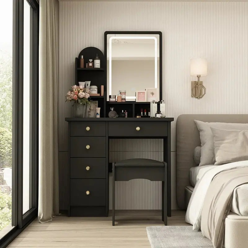LED-Lit Makeup Vanity Desk Set – Includes Mirror, Adjustable Lighting, and Matching Stool