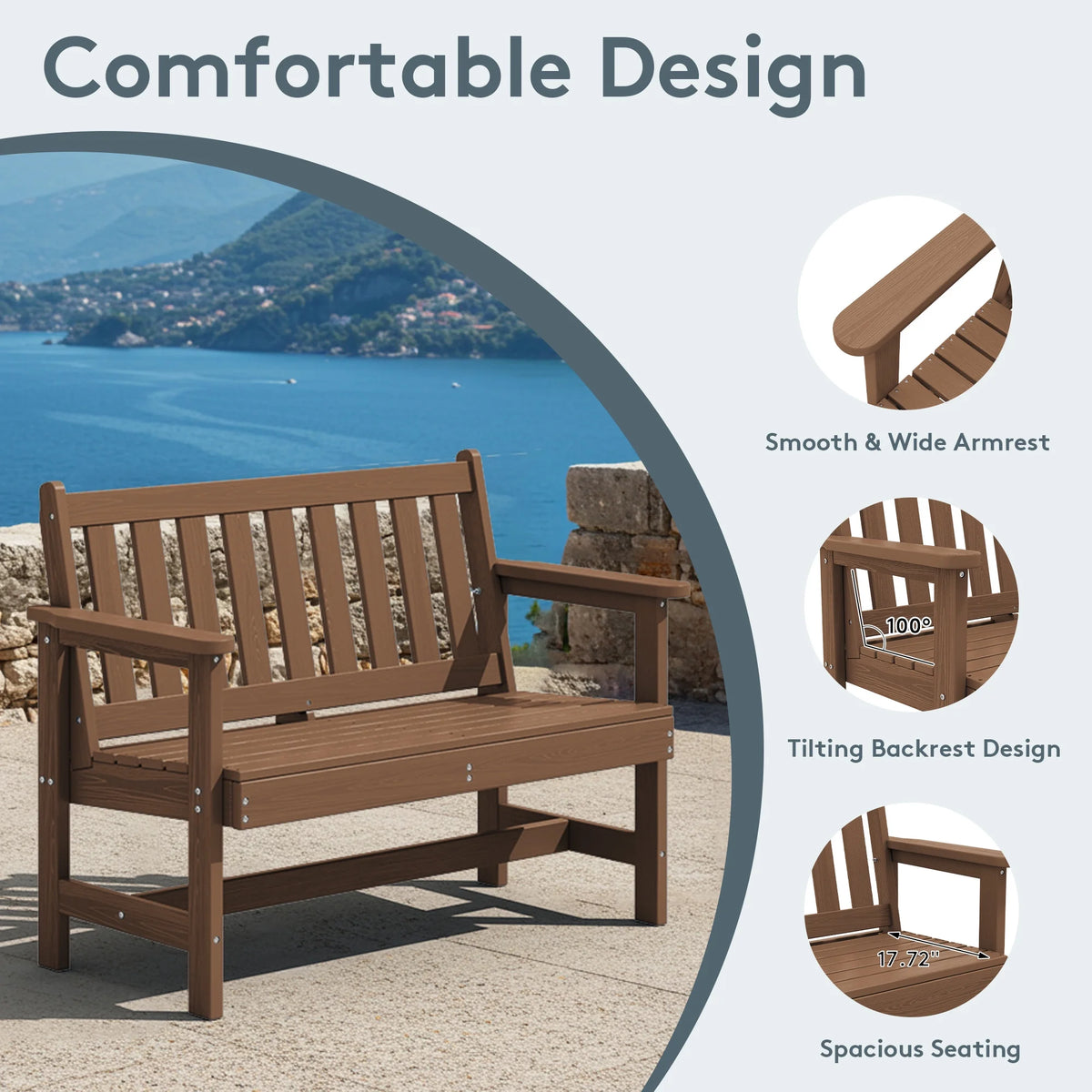 SERWALL Outdoor Bench for 2 - Person, Weather - Resistant HDPE with Aluminum Reinforcement, Supports 660 lb, Comfortable Seating for Patio, Garden, and Porch, Black