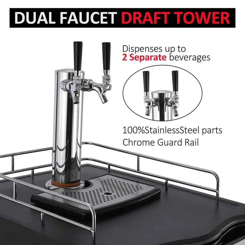 Dual-Tap Stainless Steel Beer Kegerator: Full-Size Draft Dispenser with CO2 Tank & Adjustable Temp (32°F–50°F)