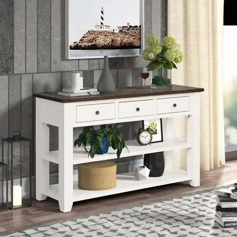 Rustic Wood Console Table Featuring Three Drawers and Dual Open Shelving