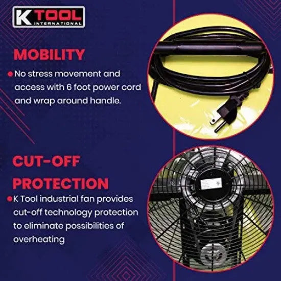 K Tool International 42-Inch Industrial Drum Fan – Dual-Speed, Safety Yellow, Rubber-Wheeled & Tip-Over Protected