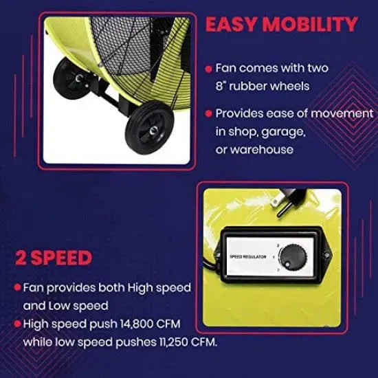 K Tool International 42-Inch Industrial Drum Fan – Dual-Speed, Safety Yellow, Rubber-Wheeled & Tip-Over Protected