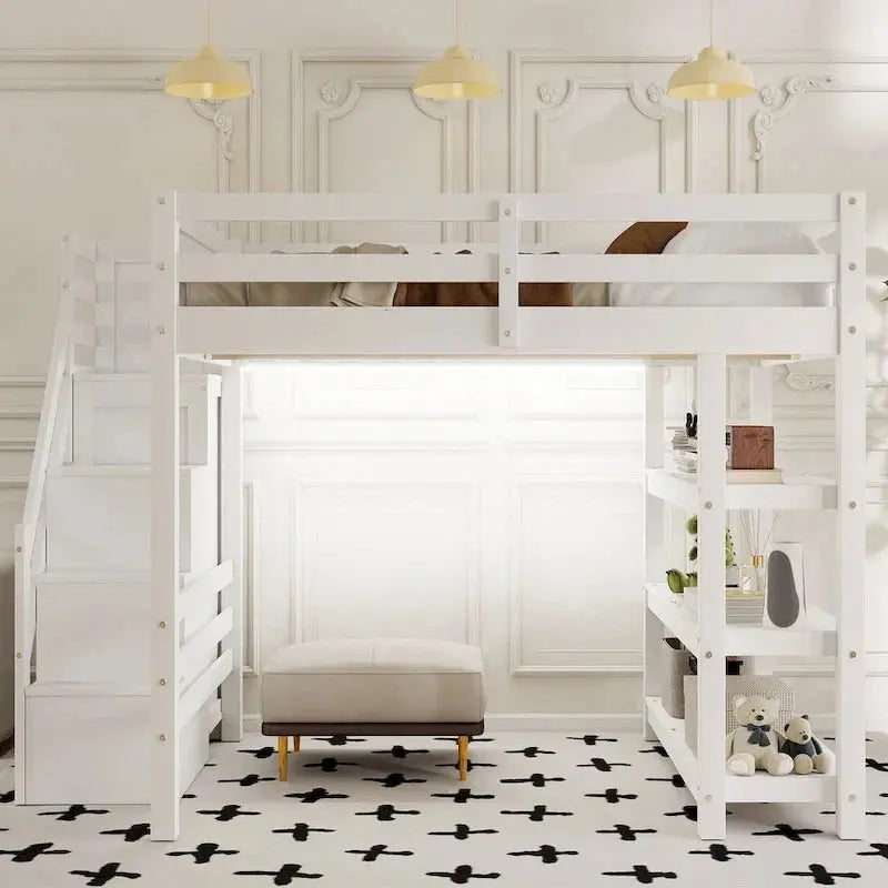 Full/Twin Loft Bed with Integrated Storage Stairs, Wardrobe, Shelves & LED Lighting