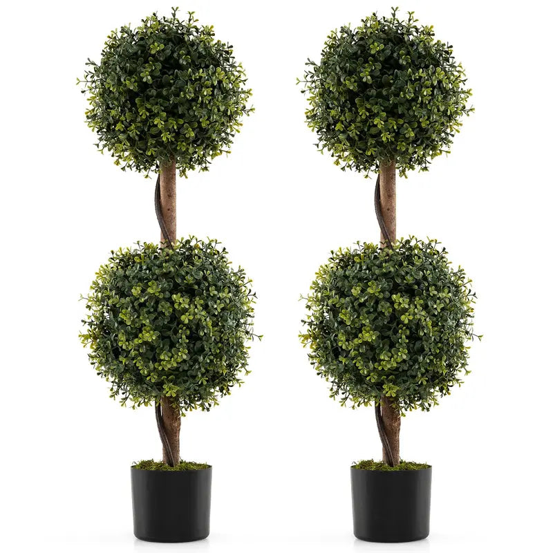 Set of 2 Faux Boxwood Topiary Trees – 3-Foot Outdoor-Ready Ball Shrubs in Weighted Cement Pots