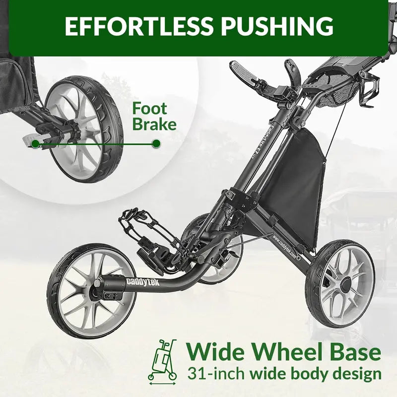 Lightweight 3-Wheel Folding Golf Push Cart – Collapsible Design with Foot Brake & Quick-Release Mechanism