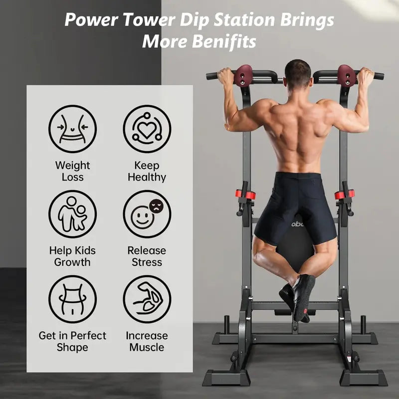 Pooboo Adjustable Power Tower – Dip Station, Pull-Up Bar & Ab Board