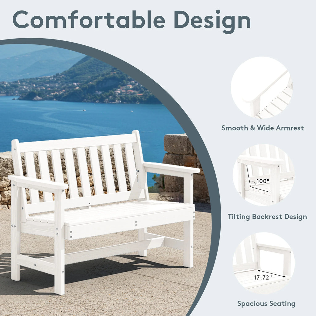 SERWALL Outdoor Bench for 2 - Person, Weather - Resistant HDPE with Aluminum Reinforcement, Supports 660 lb, Comfortable Seating for Patio, Garden, and Porch, Black