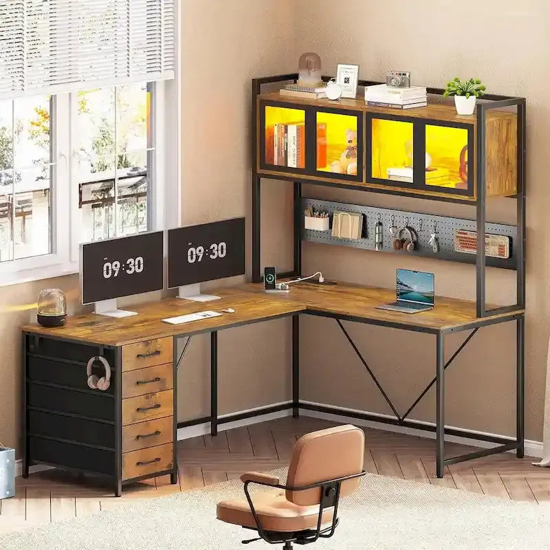 L-Shaped Gaming Desk with Pegboard Wall System, 5-Drawer Storage & Shelf Unit