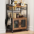 Rustic Brown 3-Tier Mobile Coffee Station — Bar Cart with Wire Basket Drawer, Hooks & Liquor Storage