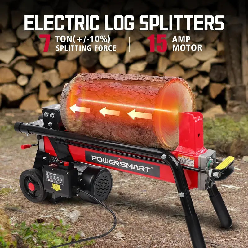 PowerSmart 7-Ton Electric Log Splitter – Horizontal Full-Beam Design with 3,500 RPM Motor, 15-Amp Motor, and Reinforced Steel Wedge