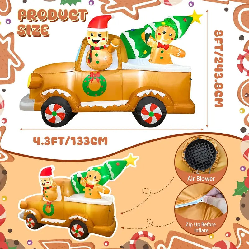 OurWarm 8FT Gingerbread Man Truck Christmas Inflatable with Tree, Outdoor Decoration for Lawn & Garden