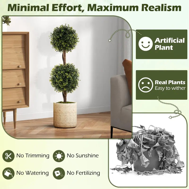 Set of 2 Faux Boxwood Topiary Trees – 3-Foot Outdoor-Ready Ball Shrubs in Weighted Cement Pots