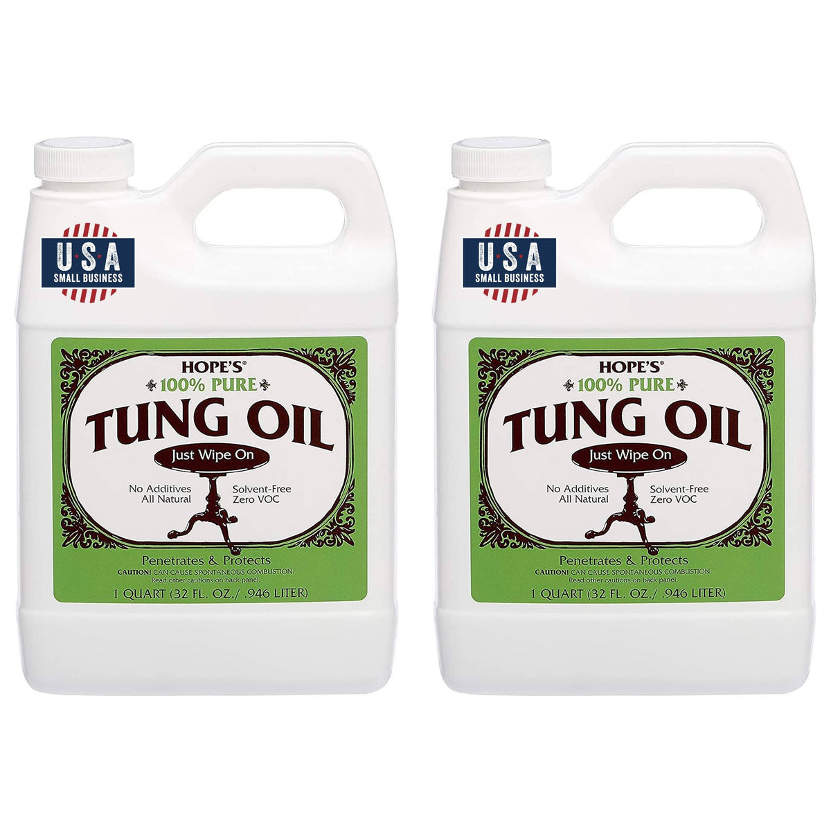 Hope's 100% Pure Tung Oil Wood Finish for Furniture & Floors, All Natural Moisture Resistant Sealer, 32 Ounce Bottle, Two, 32 fl oz