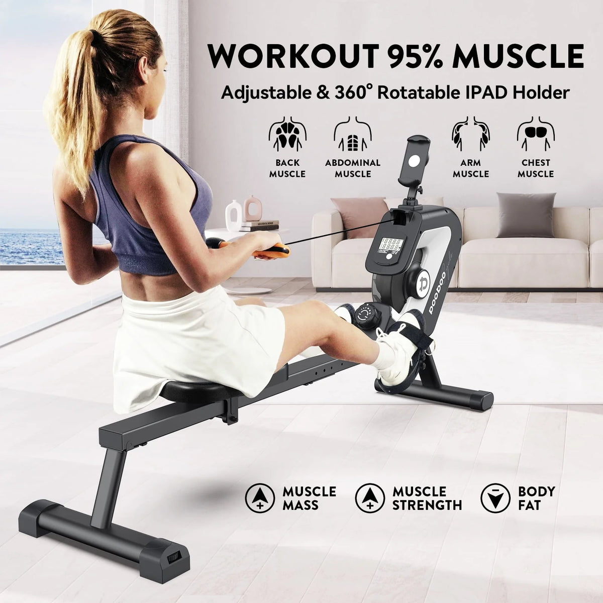 Pooboo Magnetic Rowing Machines Rower Foldable with 8 Level Resistance Indoor Rower Machines with Digital Monitor & Transport Wheels Max Weight up to 350 lb