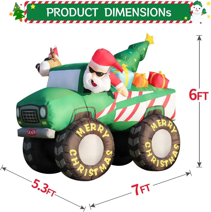 DomKom 8FT Christmas Inflatable Santa & Reindeer Monster Truck with LED Lights – Outdoor Holiday Yard Decoration