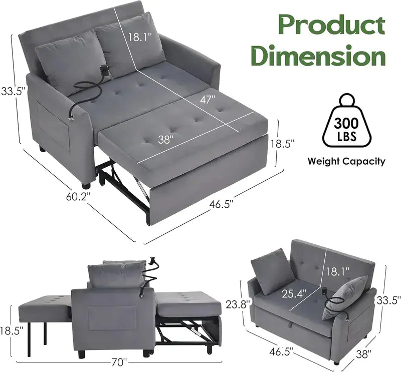 Compact 3-in-1 Loveseat Sleeper Sofa – Pull-Out Convertible Couch for Small Living Areas